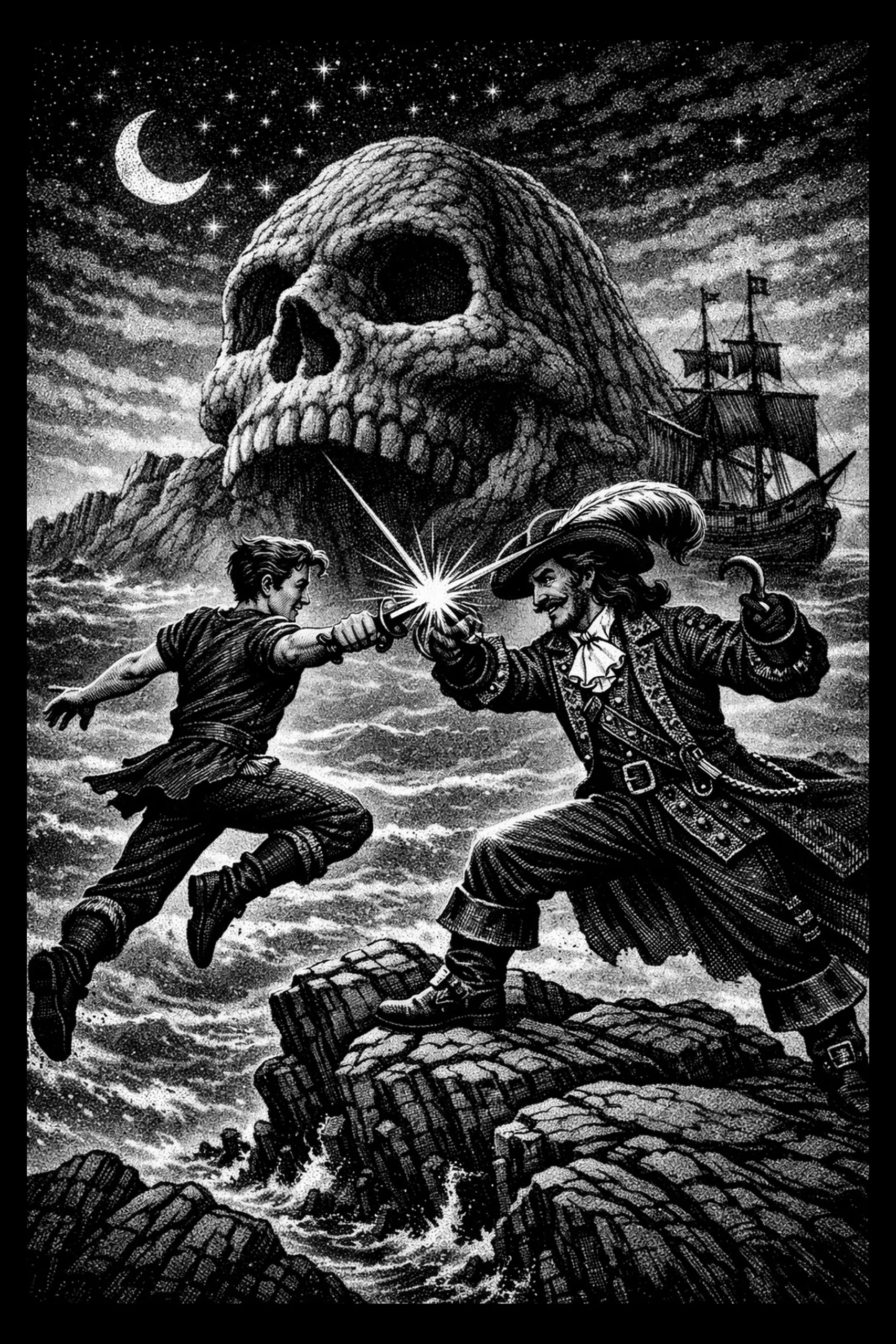 Duel Beneath the Skull Cliff — engraved slate artwork from the Fairy Tales & Storybooks collection