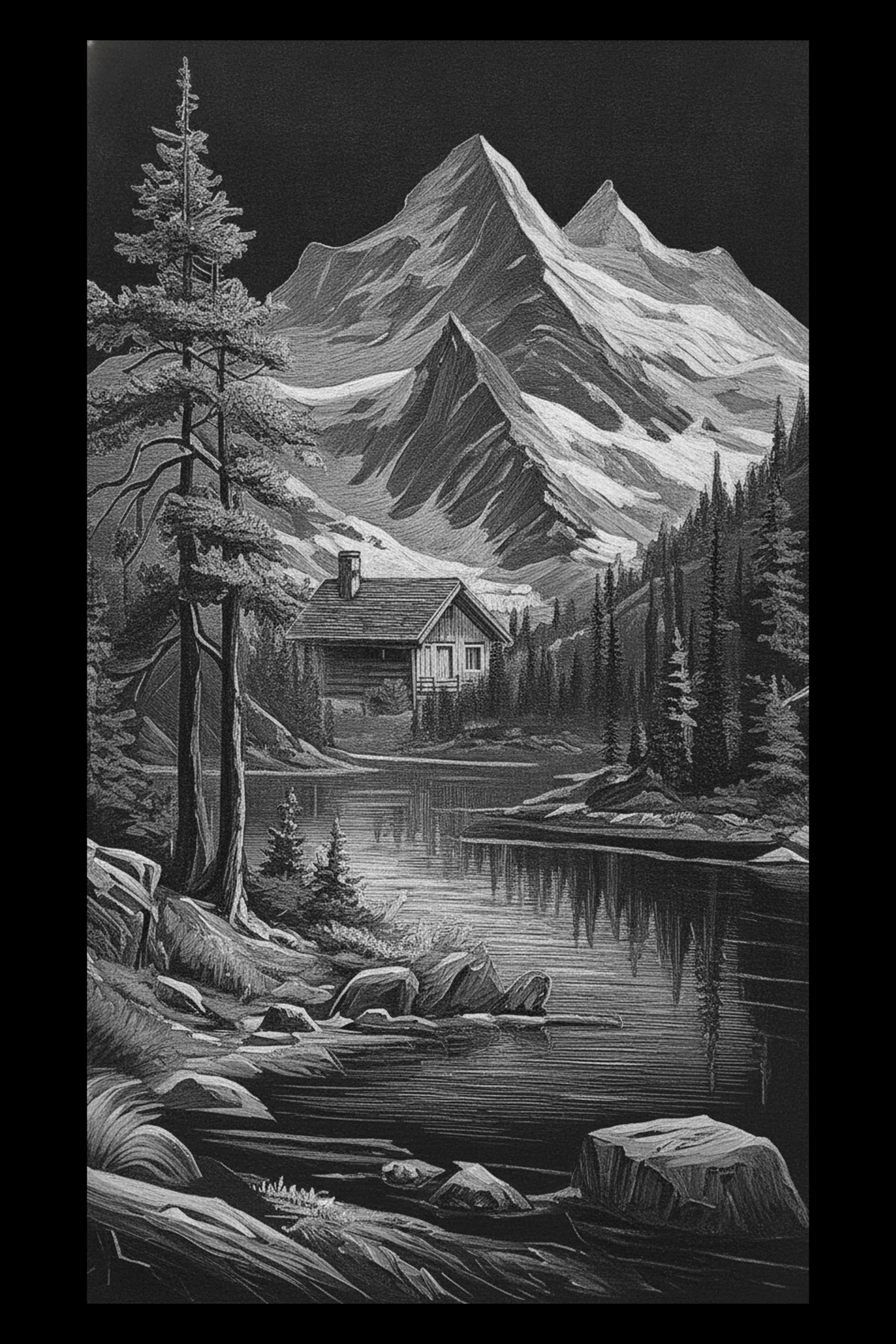 Cabin Beneath Three Peaks — engraved slate artwork from the Nature & Wildlife collection