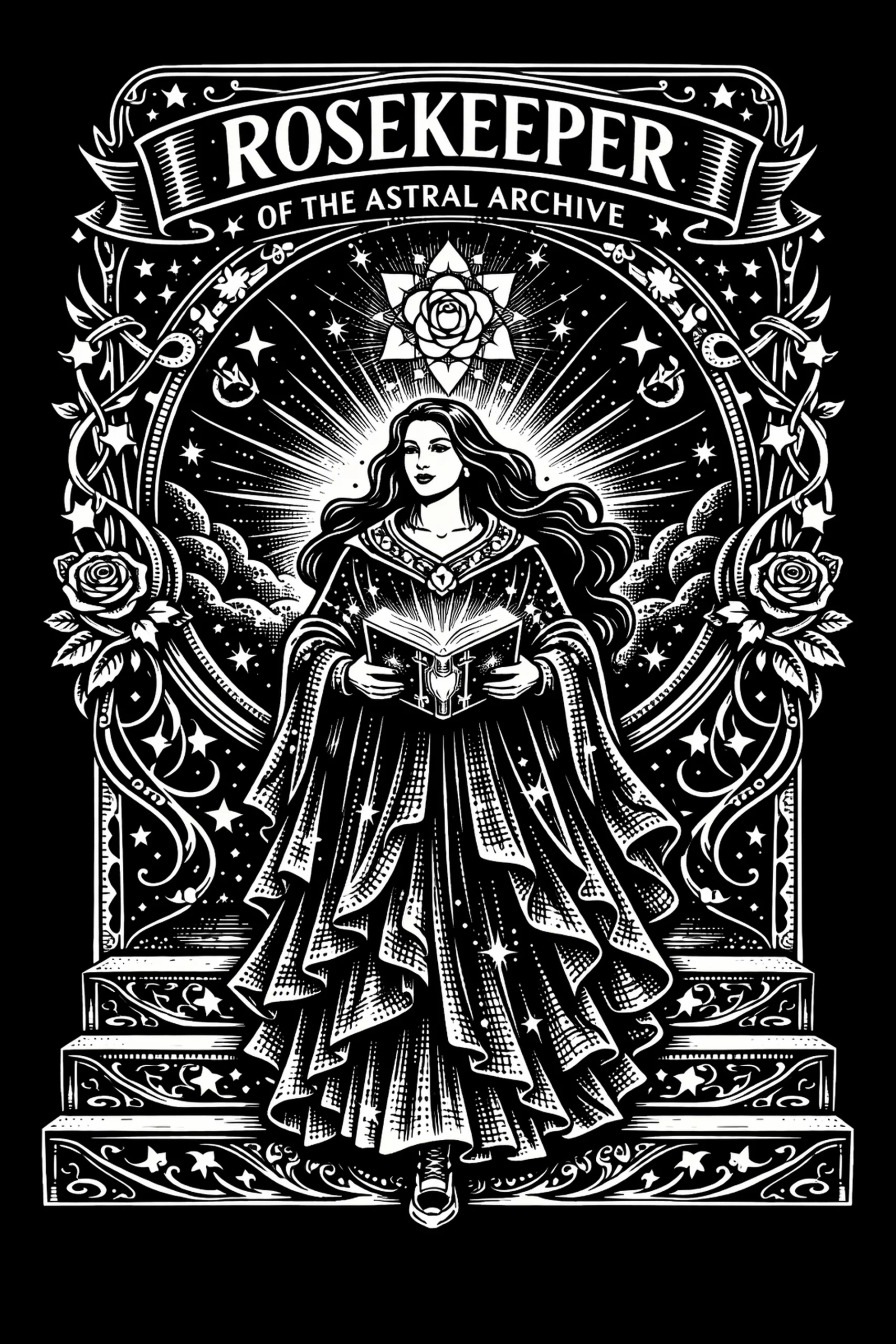 Rosekeeper of the Astral Archive — engraved slate artwork from the Heroes & Adventures collection