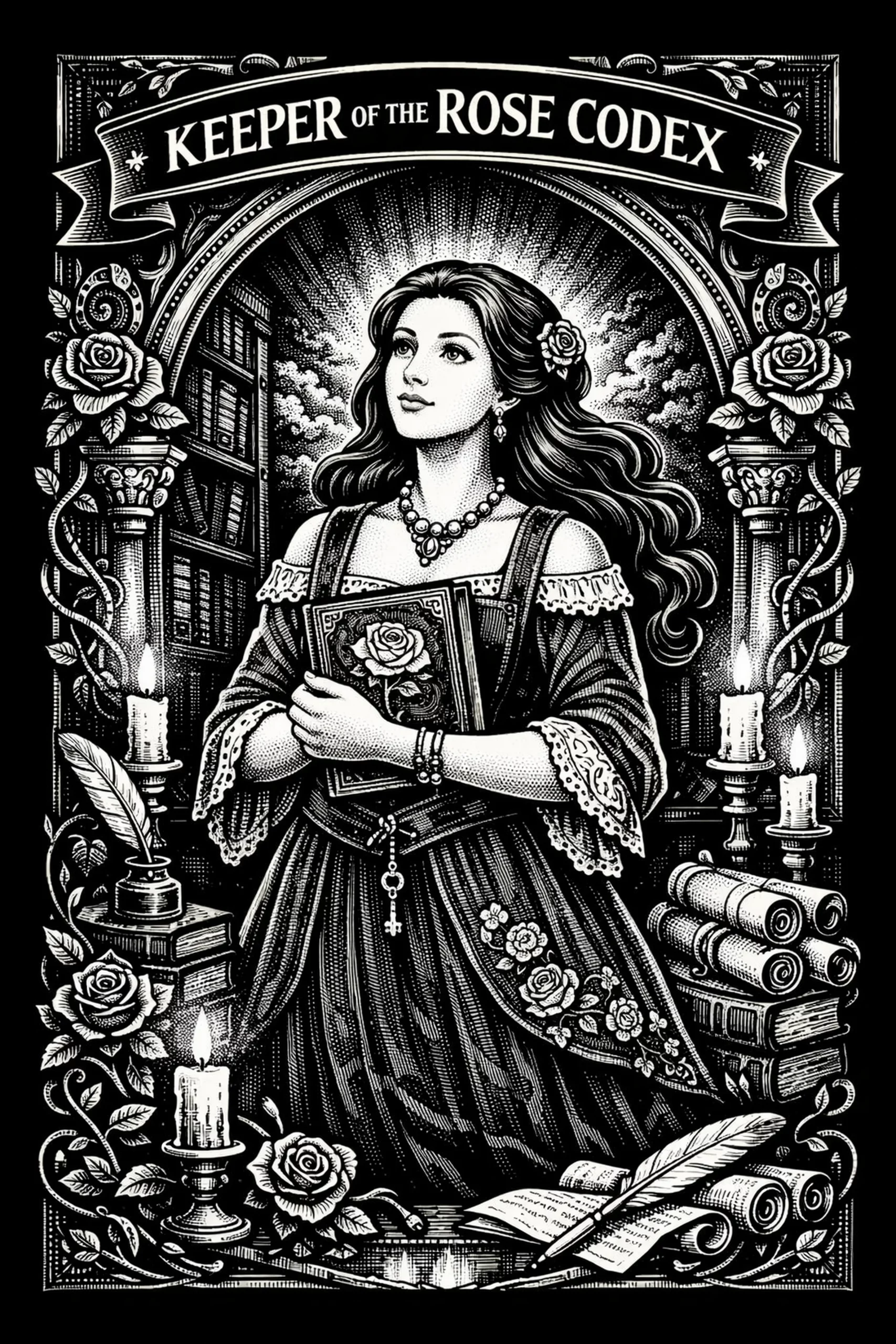 Keeper of the Rose Codex — engraved slate artwork from the Fairy Tales & Storybooks collection