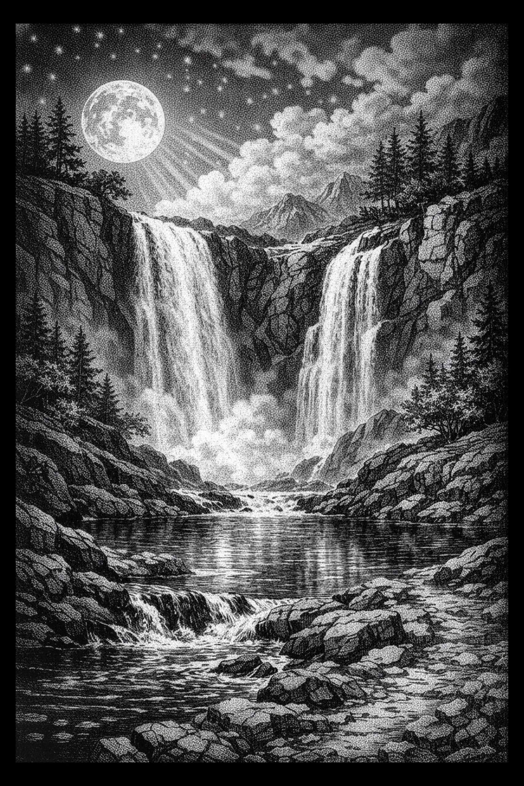 Two Falls Under One Moon — engraved slate artwork from the Nature & Wildlife collection
