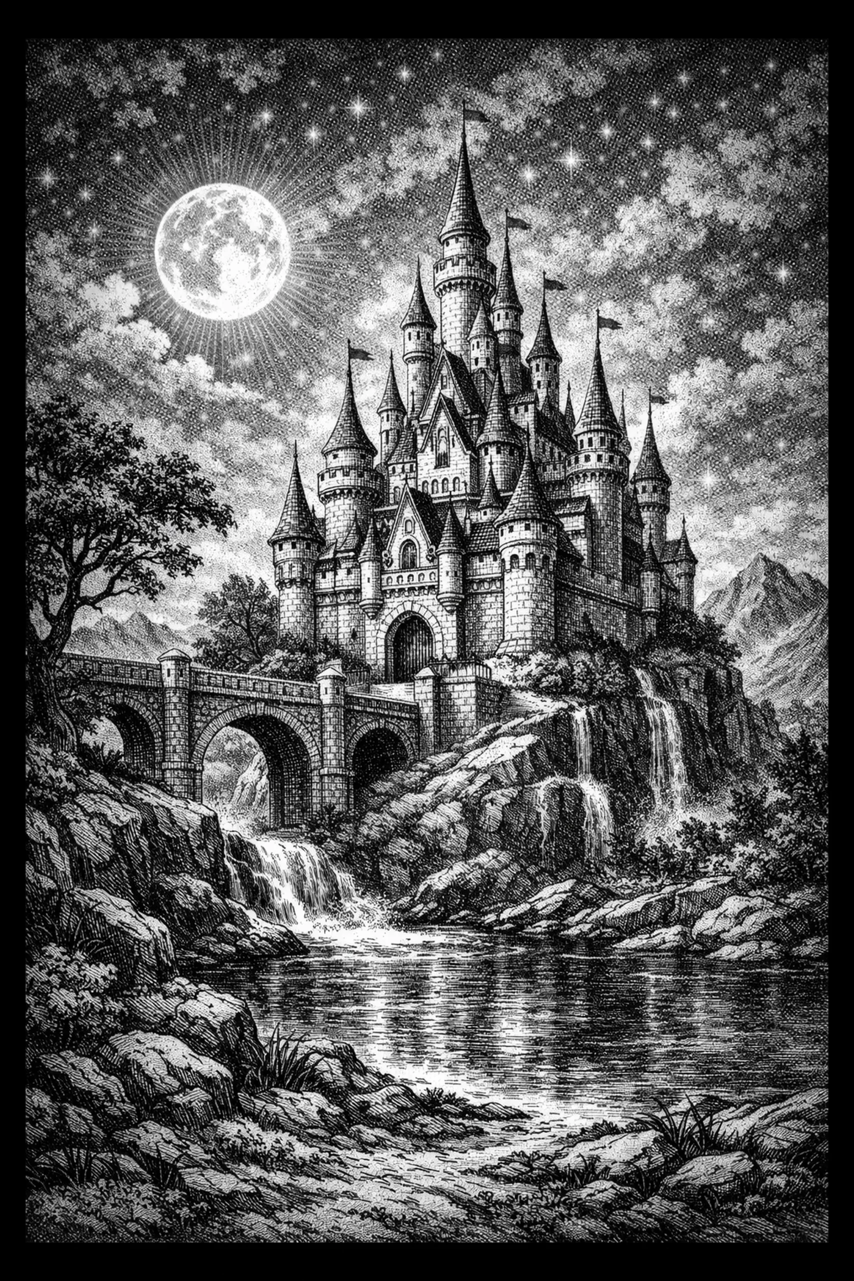 Castle Beyond Three Falls — engraved slate artwork from the Fairy Tales & Storybooks collection