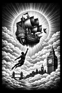 Haloed Galleon Over a Cloudbound City