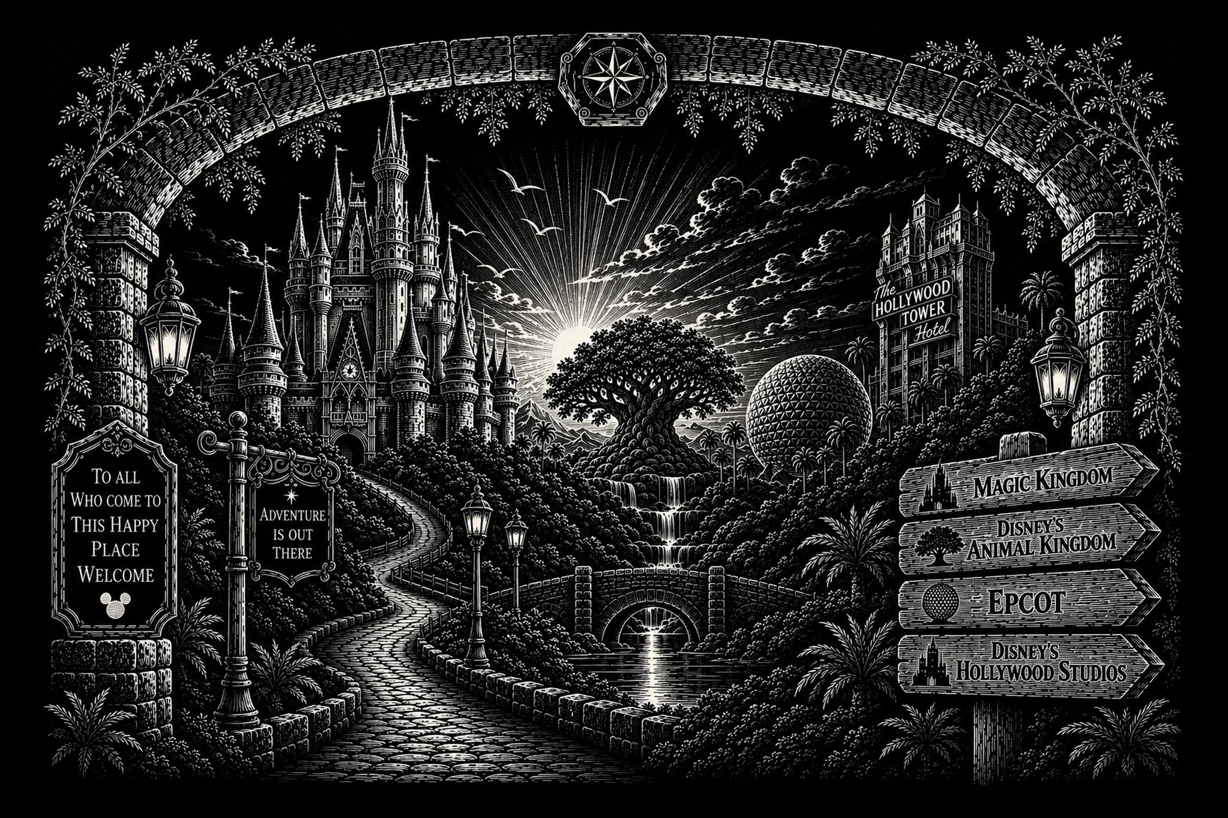 Parkland Panorama — engraved slate artwork from the Theme Park Nostalgia collection