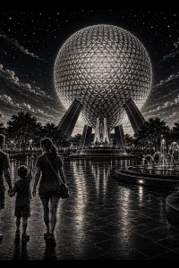 Night Walk to the Sphere — engraved slate artwork from the Theme Park Nostalgia collection
