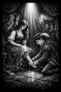 The Fitting — engraved slate artwork from the Fairy Tales & Storybooks collection