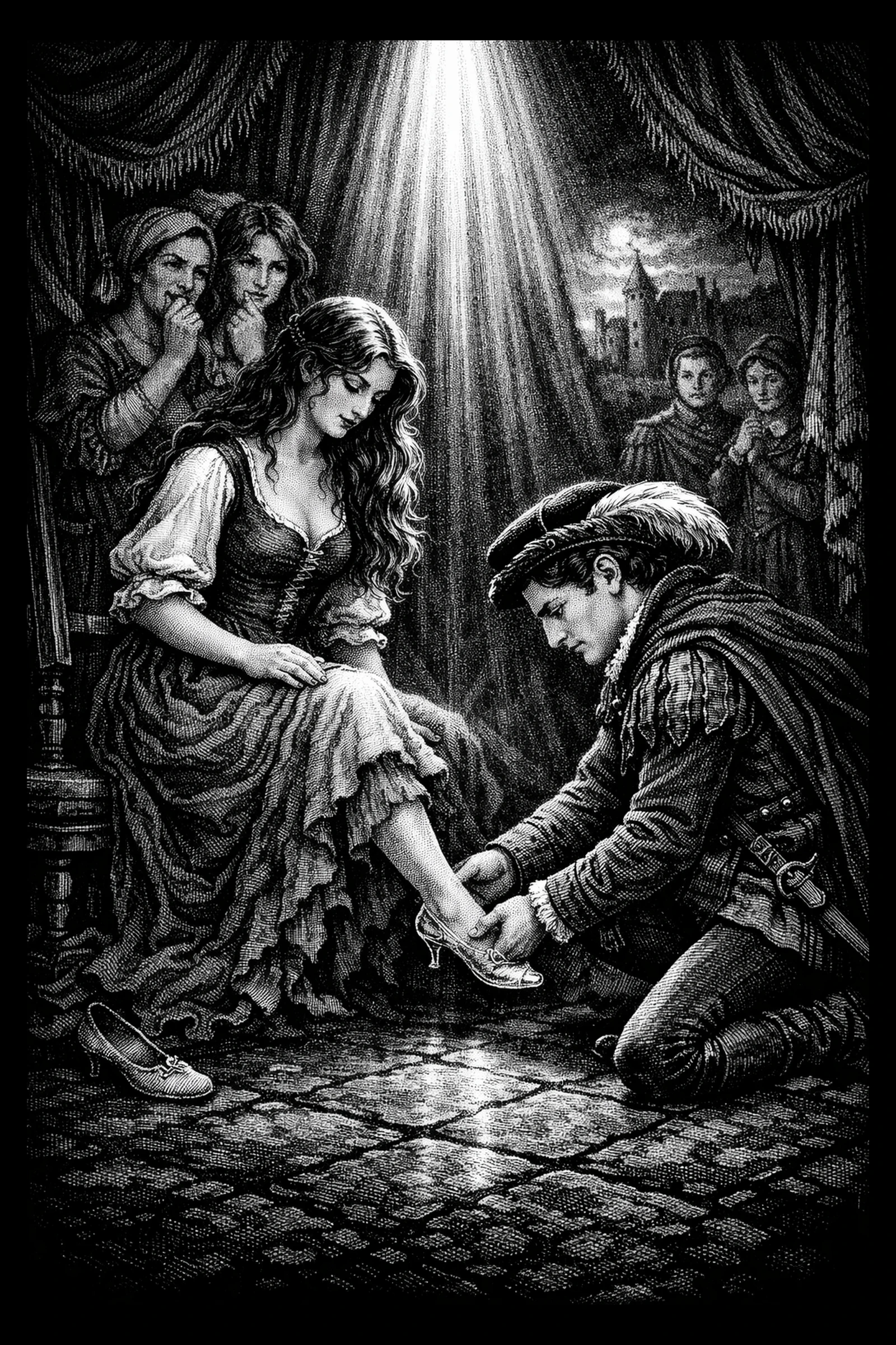 The Fitting — engraved slate artwork from the Fairy Tales & Storybooks collection