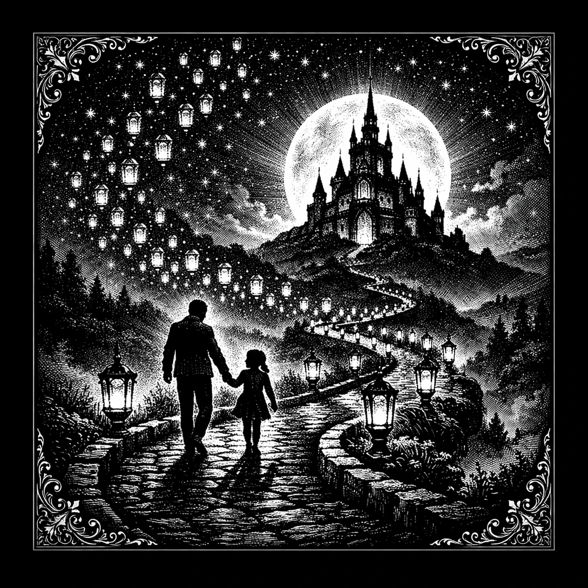 Lanterns to the Keep — engraved slate artwork from the Fairy Tales & Storybooks collection