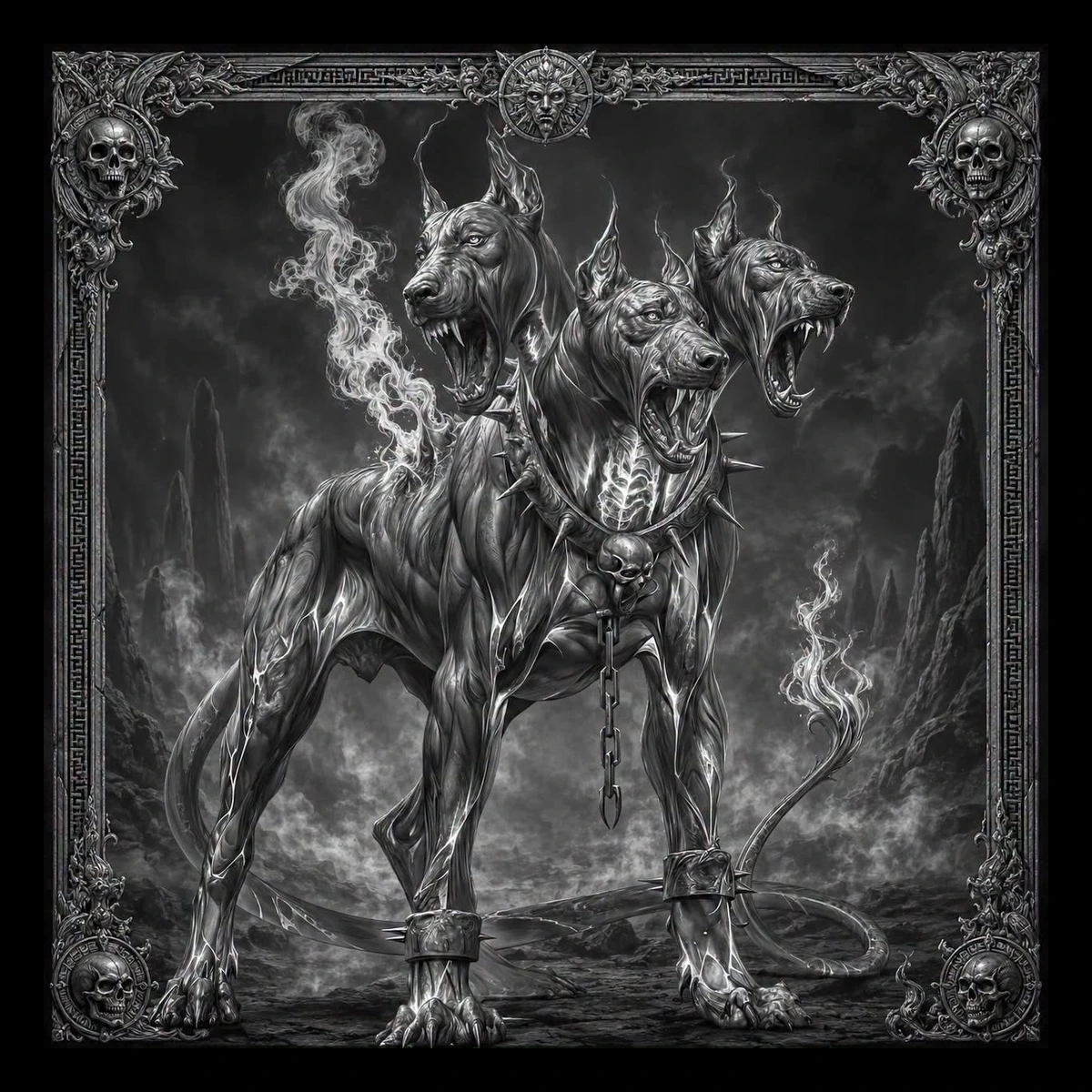 Three-Headed Hound — engraved slate artwork from the Dark Fantasy collection