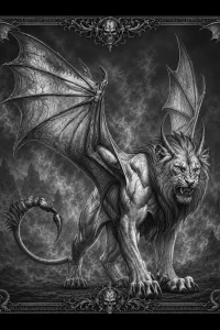 Winged Scorpion Lion — engraved slate artwork from the Dark Fantasy collection