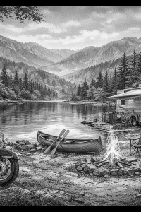 Mountain Lake Camp — engraved slate artwork from the Nature & Wildlife collection