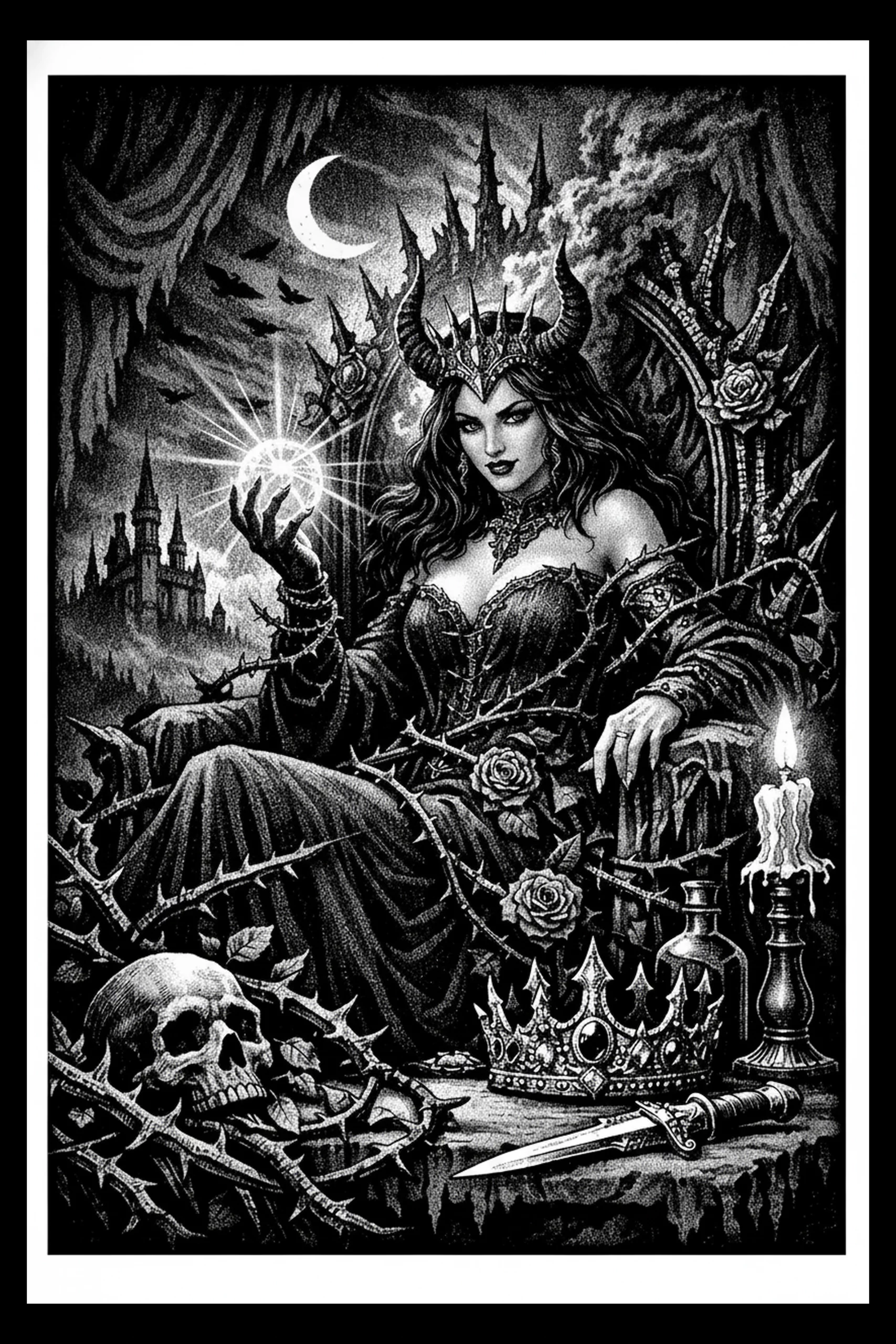 The Horned Sovereign — engraved slate artwork from the Villains & Rogues collection