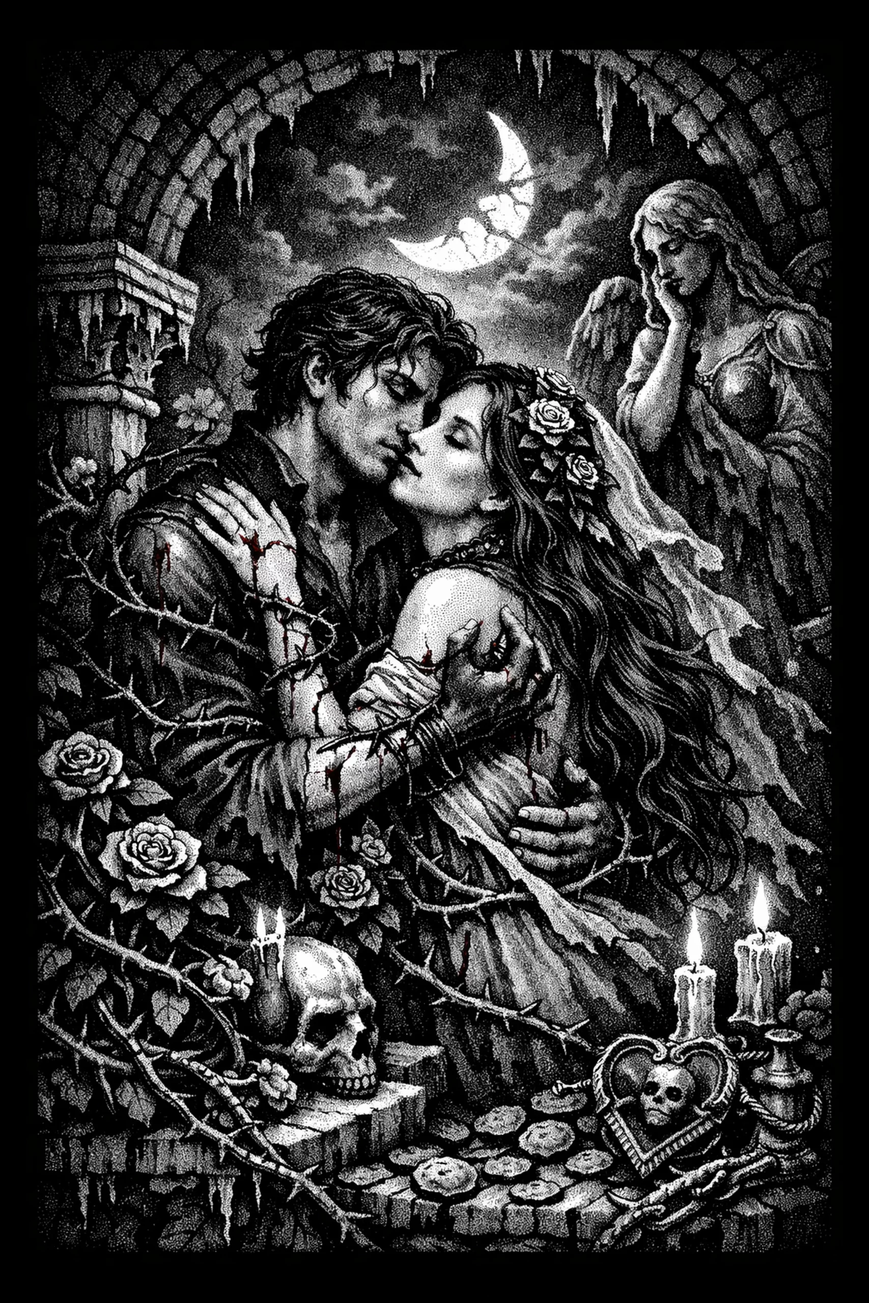 Thorns in the Moonlight — engraved slate artwork from the Romance & Enchantment collection