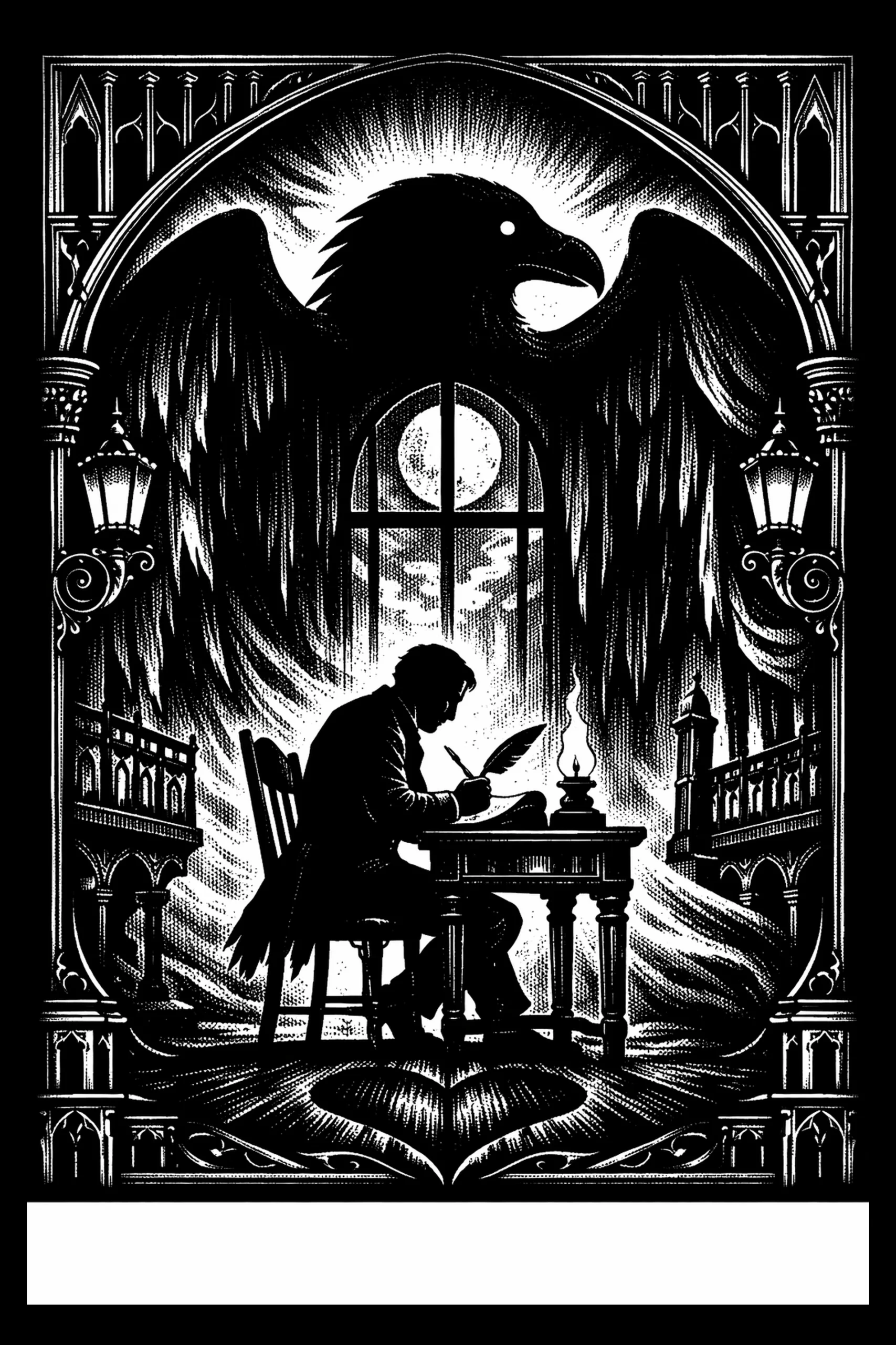 Scribe Beneath the Winged Shadow — engraved slate artwork from the Romance & Enchantment collection