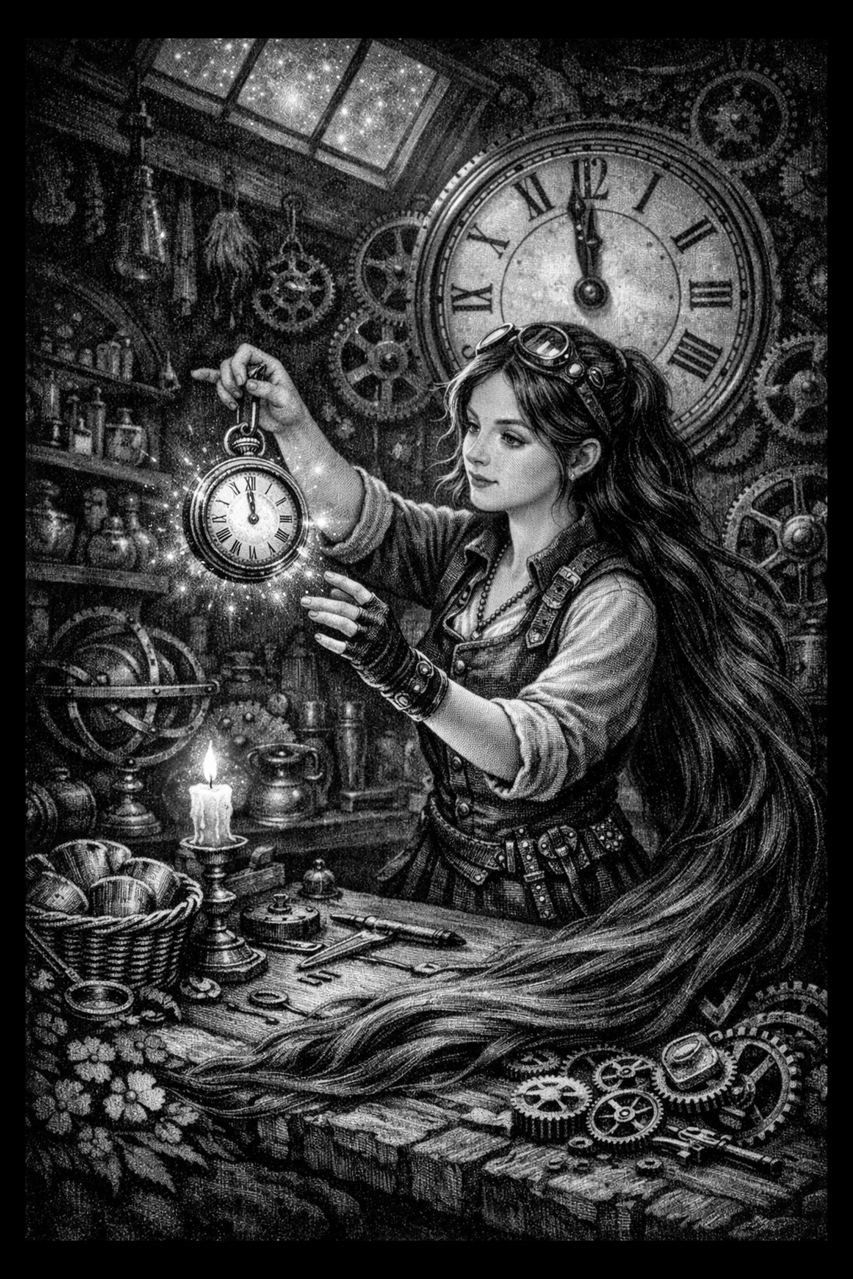 The Midnight Horologist — engraved slate artwork from the Romance & Enchantment collection