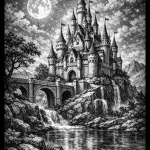 Monochrome engraving of a large clustered castle on rocky cliffs at night with a three-arched bridge, three waterfalls, a reflective pool, a leaning deciduous tree at left, and a bright full moon in the upper-left sky.