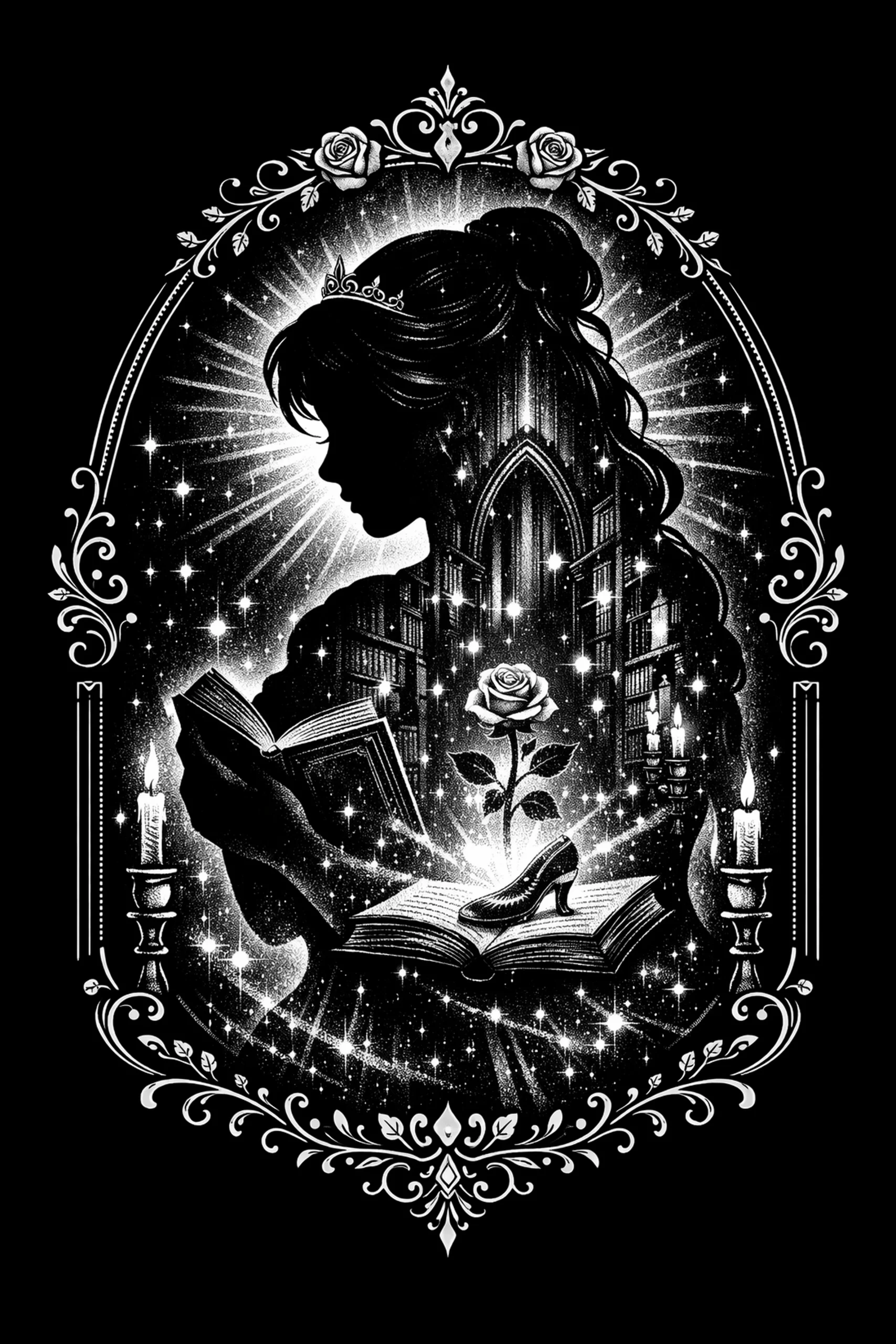 The Library Behind Her Eyes — engraved slate artwork from the Fairy Tales & Storybooks collection