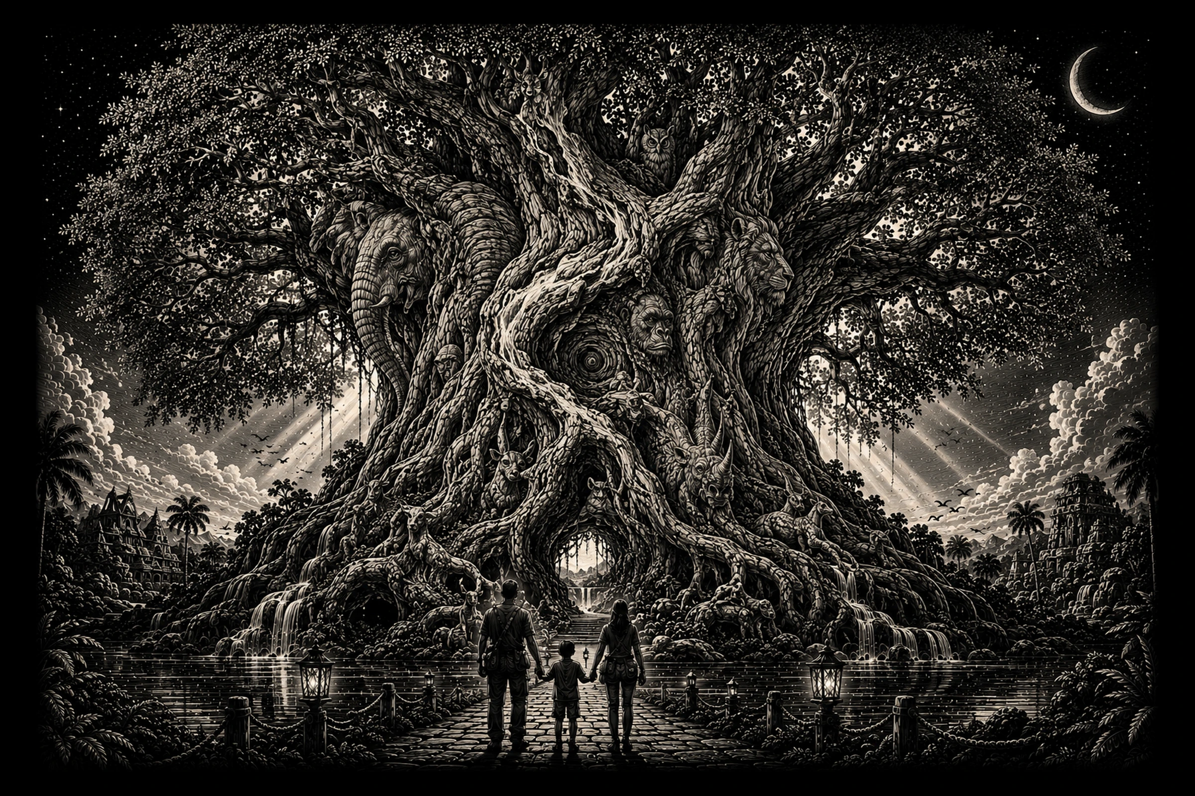 Gate of the Rooted Beasts — engraved slate artwork from the Theme Park Nostalgia collection