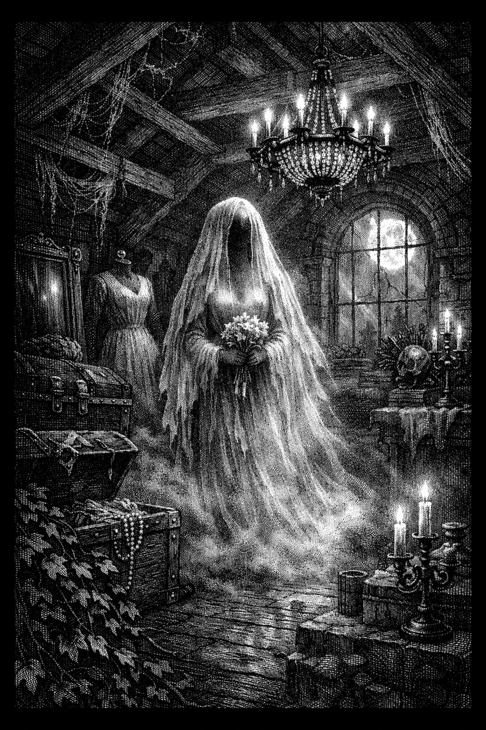 Veiled Bride Apparition — engraved slate artwork from the Dark Fantasy collection