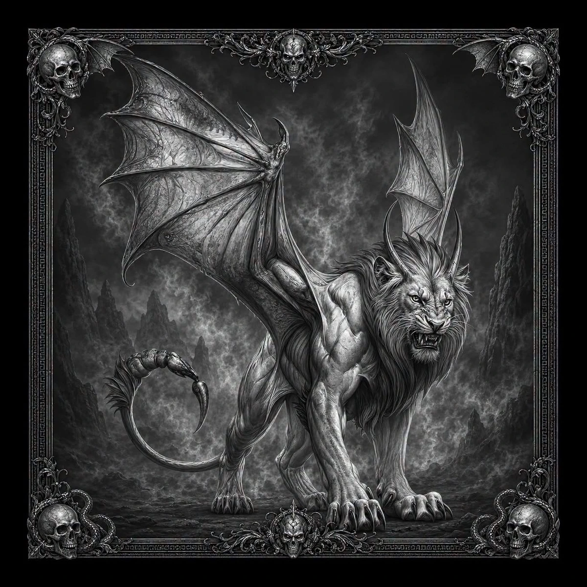 Winged Scorpion Lion — engraved slate artwork from the Dark Fantasy collection