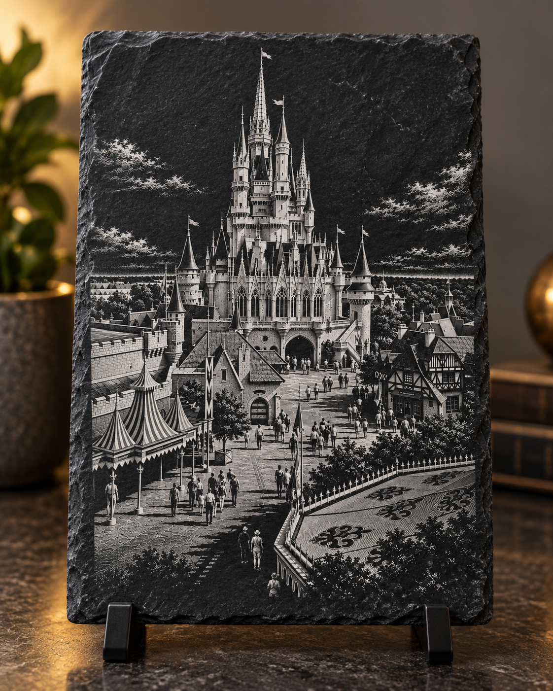 Summer Above the Kingdom 1976 engraved slate shown in a display setting